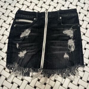 True Religion Black Mini Skirt with Silver Zipper and Frayed Hem